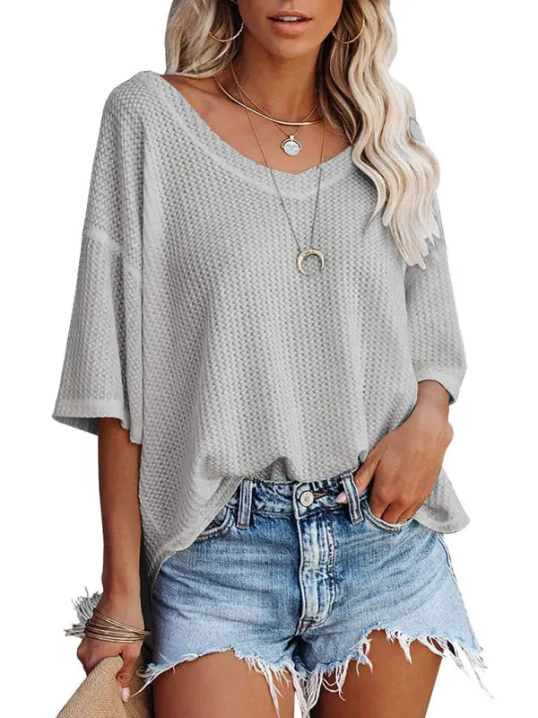 Effortless Elegance V-Neck Waffle Knit Dolman Sleeves T-Shirt