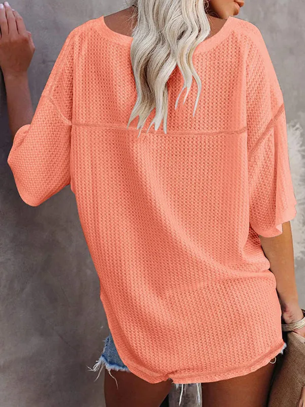 Effortless Elegance V-Neck Waffle Knit Dolman Sleeves T-Shirt