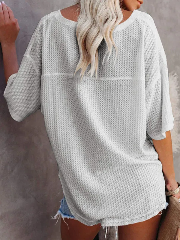 Effortless Elegance V-Neck Waffle Knit Dolman Sleeves T-Shirt