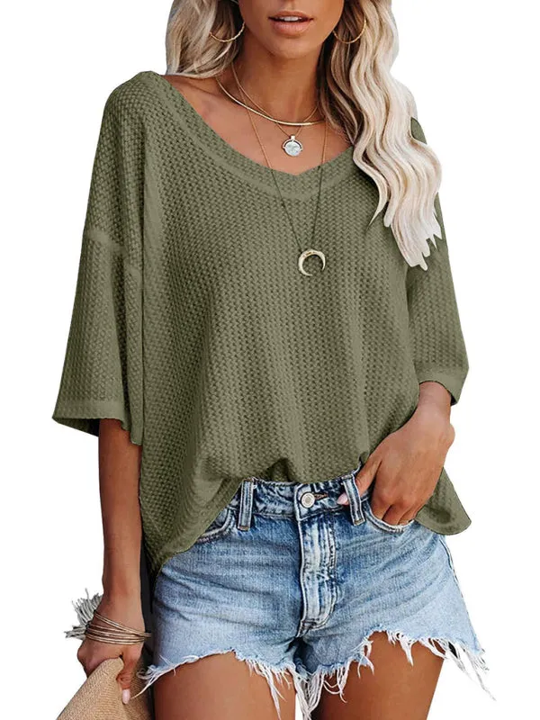 Effortless Elegance V-Neck Waffle Knit Dolman Sleeves T-Shirt