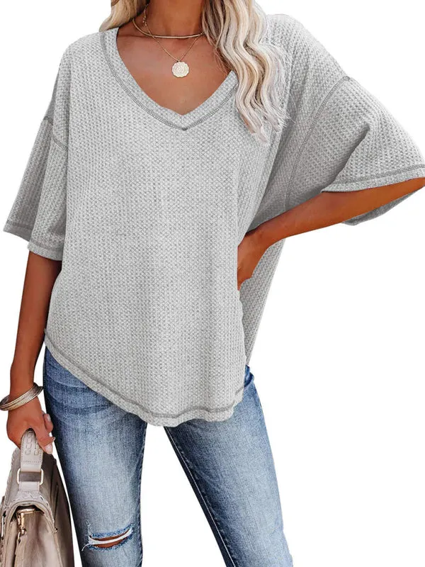Effortless Elegance V-Neck Waffle Knit Dolman Sleeves T-Shirt