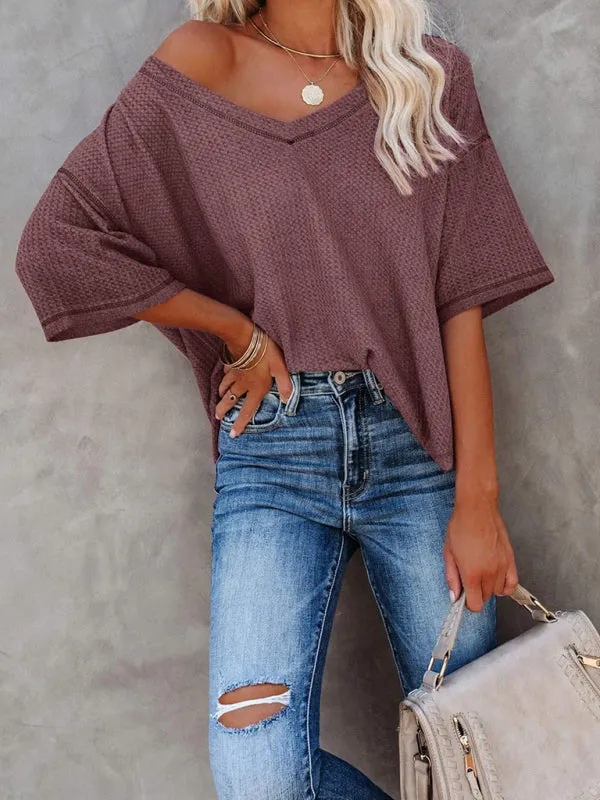 Effortless Elegance V-Neck Waffle Knit Dolman Sleeves T-Shirt