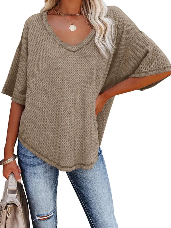 Effortless Elegance V-Neck Waffle Knit Dolman Sleeves T-Shirt