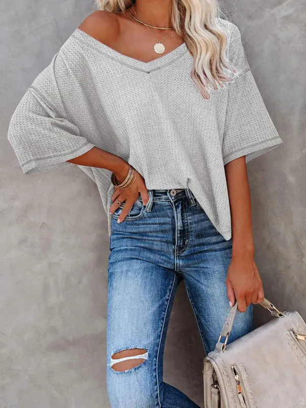 Effortless Elegance V-Neck Waffle Knit Dolman Sleeves T-Shirt