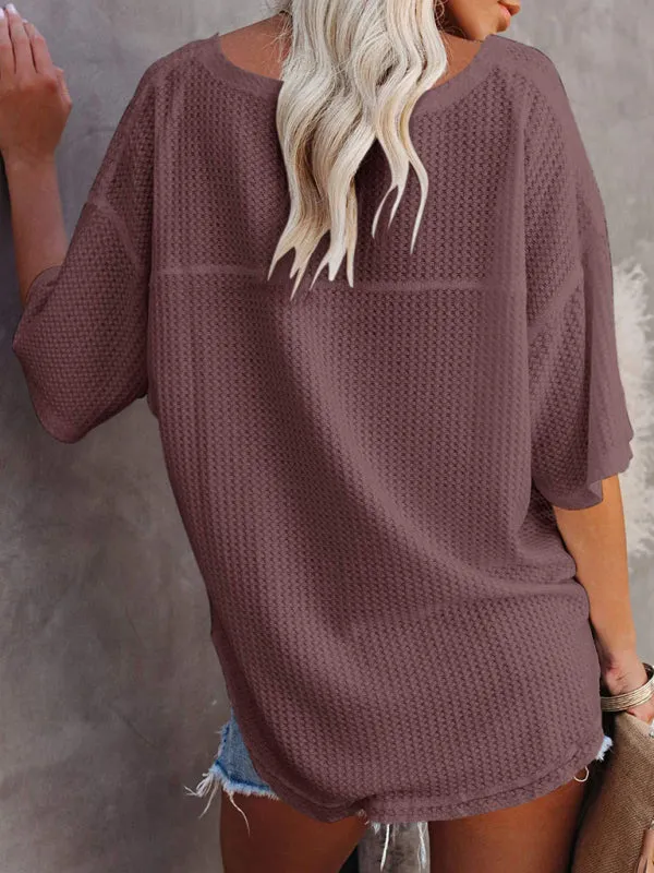 Effortless Elegance V-Neck Waffle Knit Dolman Sleeves T-Shirt