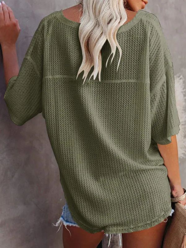 Effortless Elegance V-Neck Waffle Knit Dolman Sleeves T-Shirt