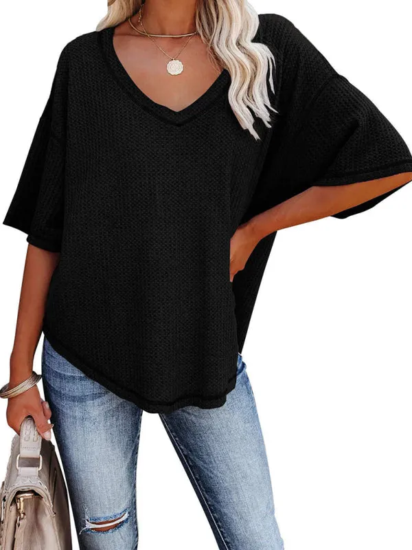 Effortless Elegance V-Neck Waffle Knit Dolman Sleeves T-Shirt