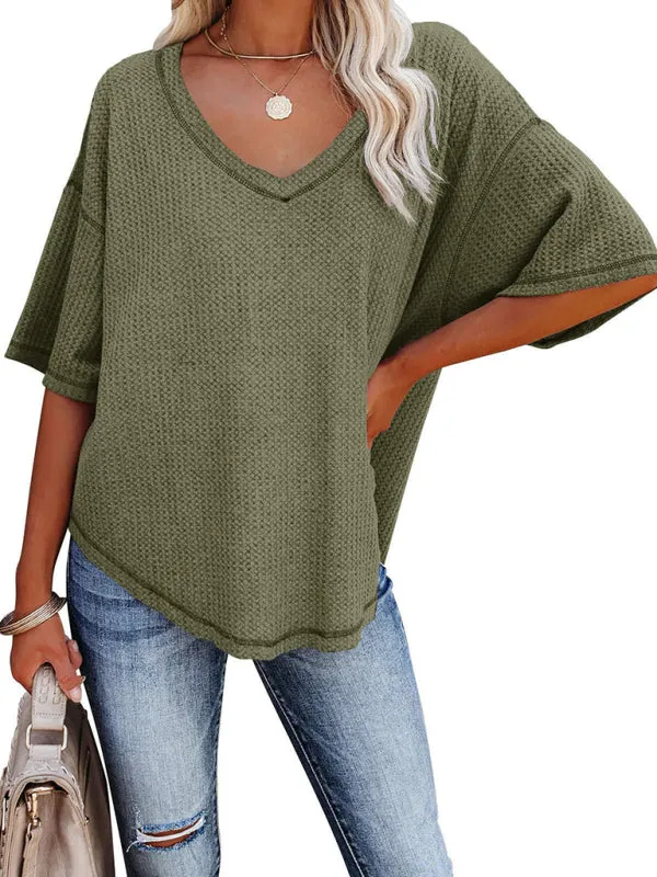 Effortless Elegance V-Neck Waffle Knit Dolman Sleeves T-Shirt