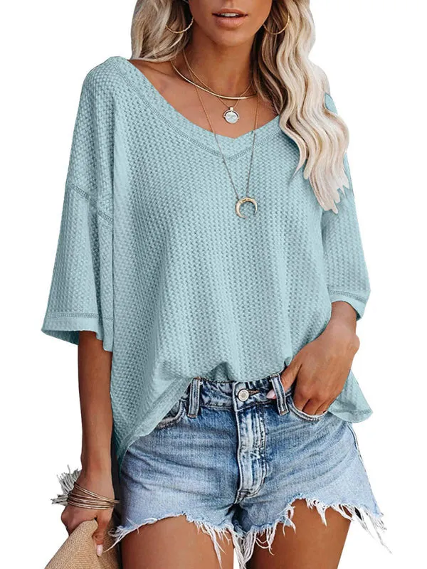 Effortless Elegance V-Neck Waffle Knit Dolman Sleeves T-Shirt