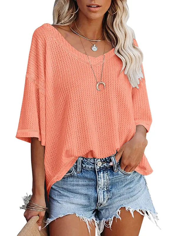 Effortless Elegance V-Neck Waffle Knit Dolman Sleeves T-Shirt