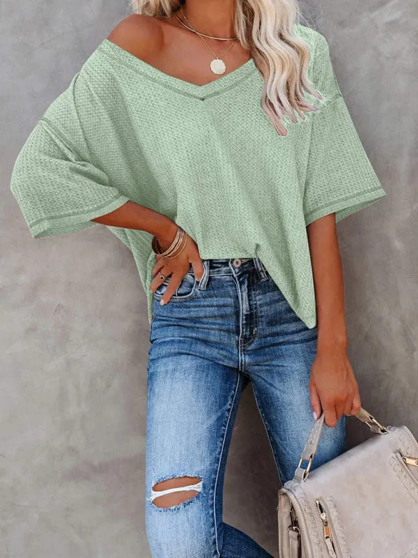 Effortless Elegance V-Neck Waffle Knit Dolman Sleeves T-Shirt