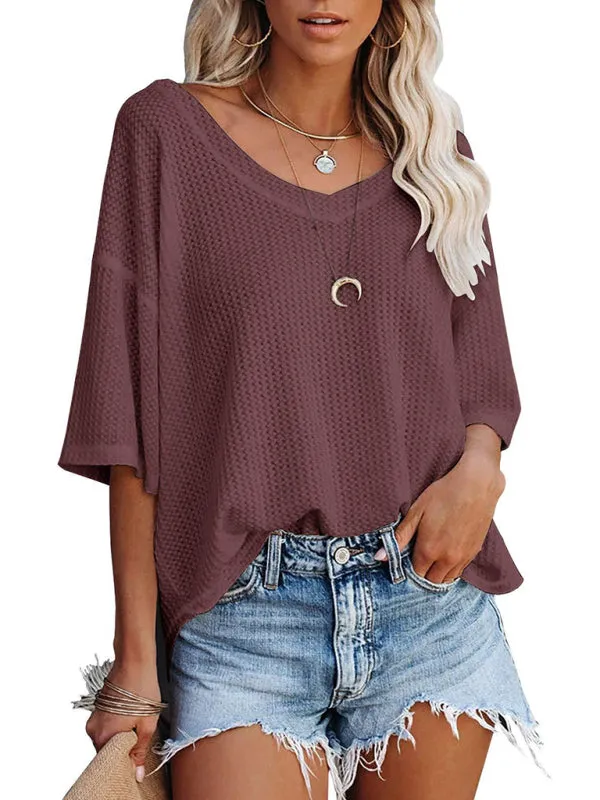 Effortless Elegance V-Neck Waffle Knit Dolman Sleeves T-Shirt