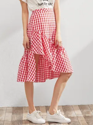 Elastic Waist Gingham Asymmetric Frill Skirt