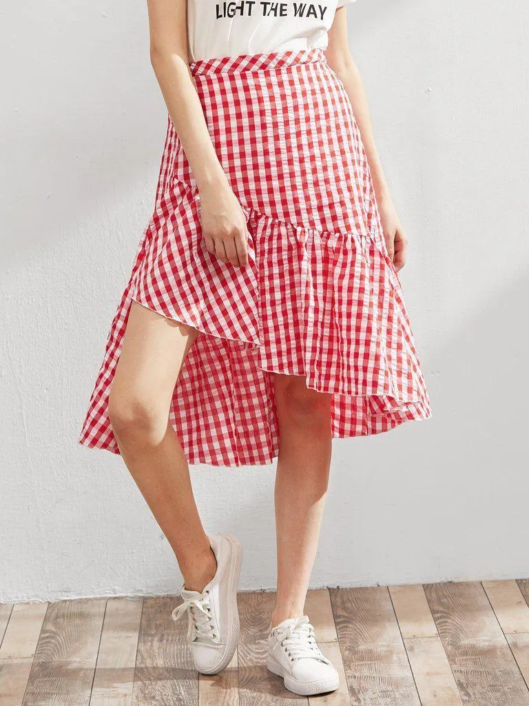 Elastic Waist Gingham Asymmetric Frill Skirt