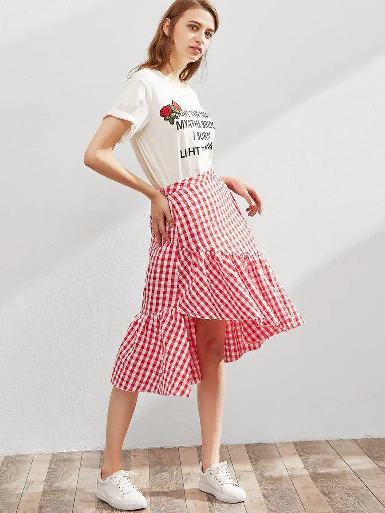 Elastic Waist Gingham Asymmetric Frill Skirt