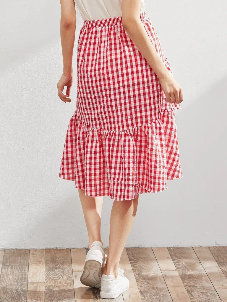 Elastic Waist Gingham Asymmetric Frill Skirt