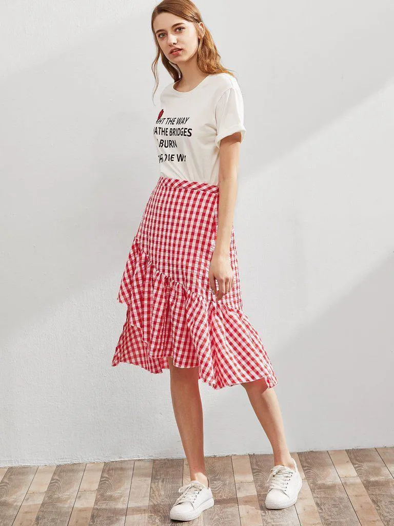 Elastic Waist Gingham Asymmetric Frill Skirt
