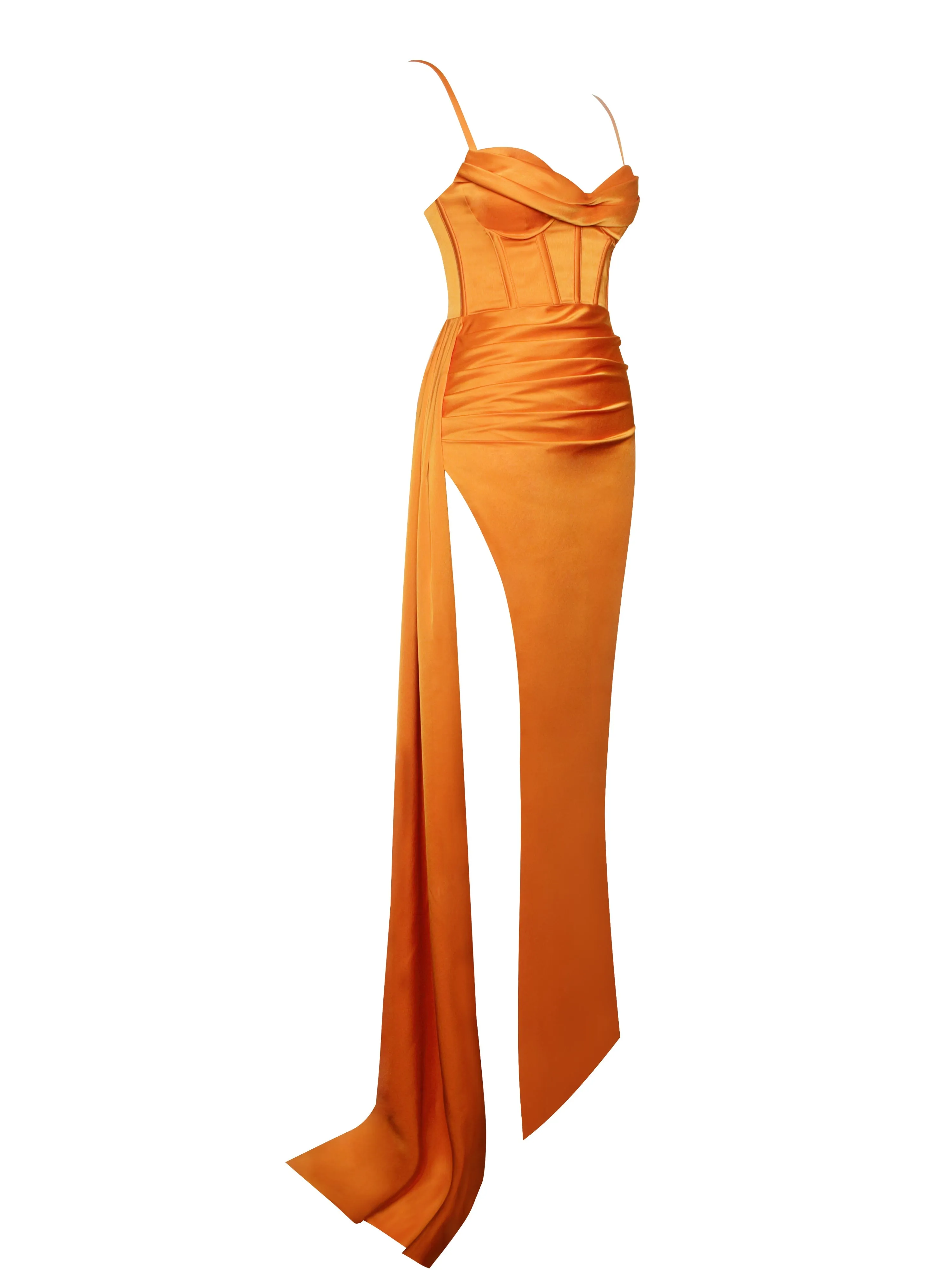 Elayna Orange Strappy Satin Graceful Corset High Slit Gown