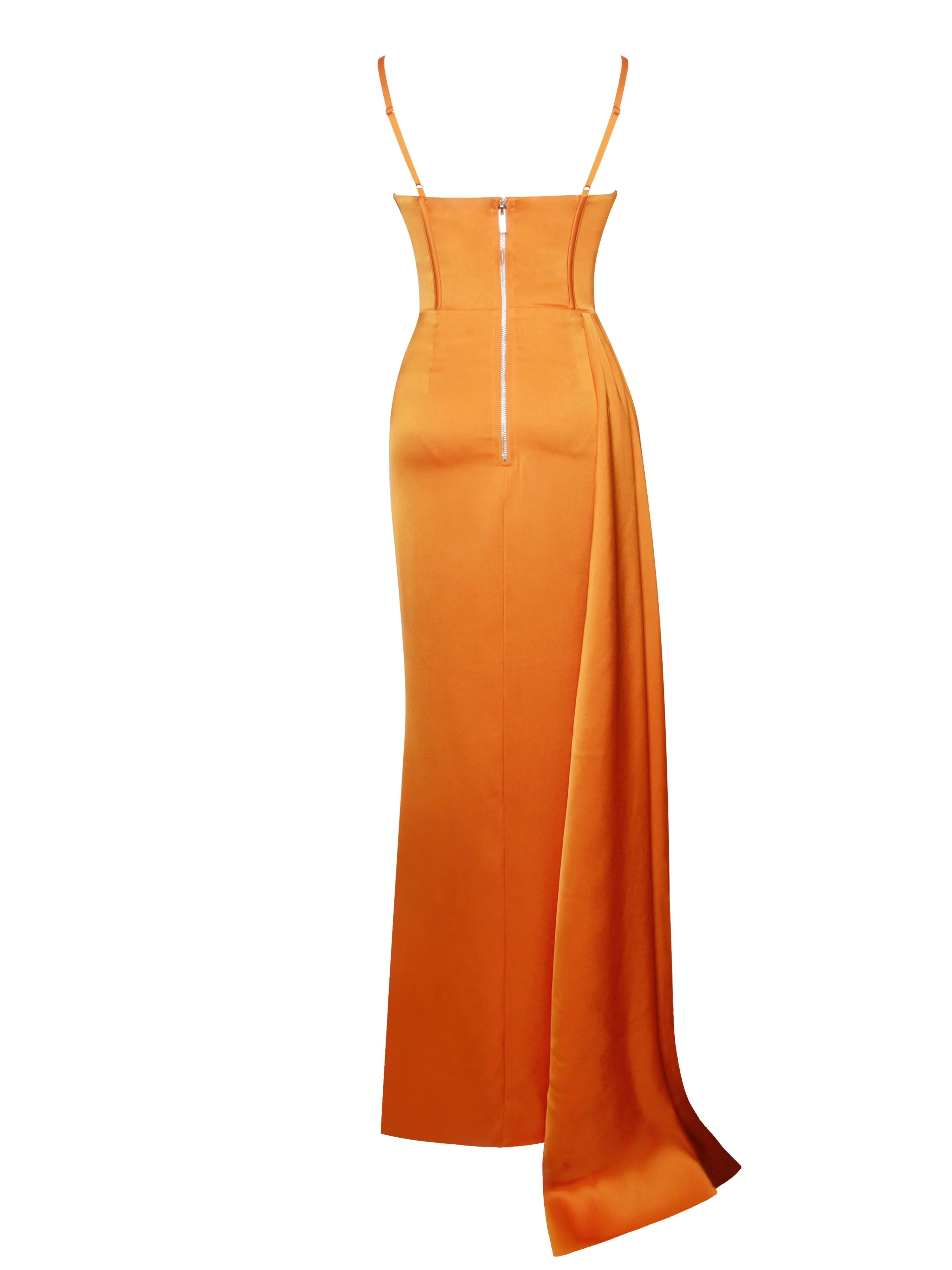Elayna Orange Strappy Satin Graceful Corset High Slit Gown