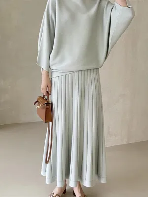 Elegant Loose Knitted Shirt&High Waist Pleated Skirt Suit Set