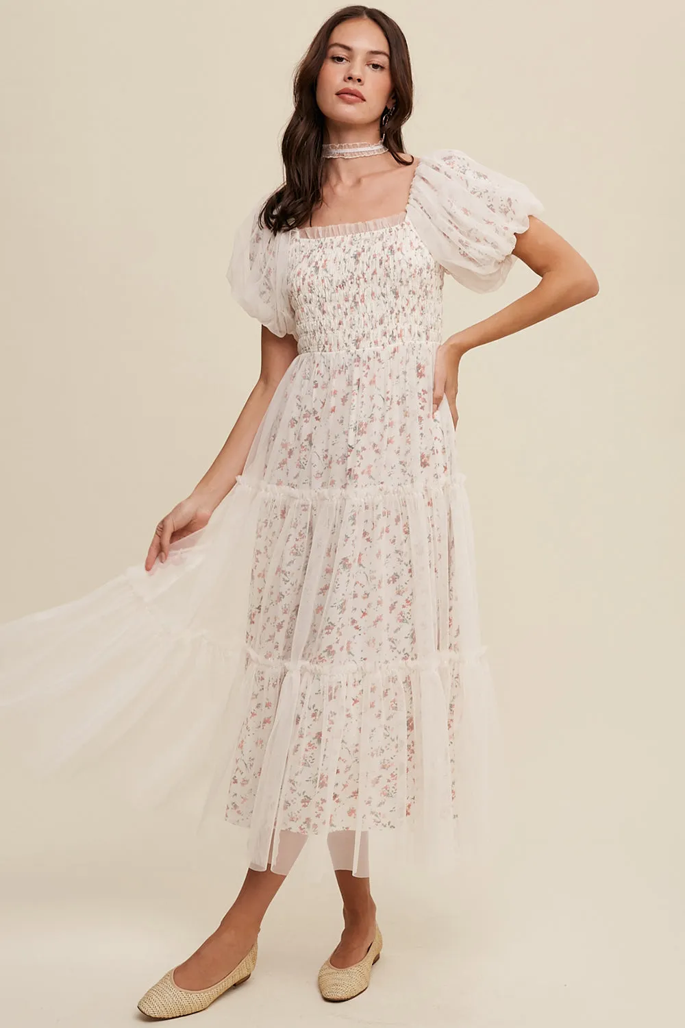 Floral Print   Mesh Puff Sleeve Maxi Dress