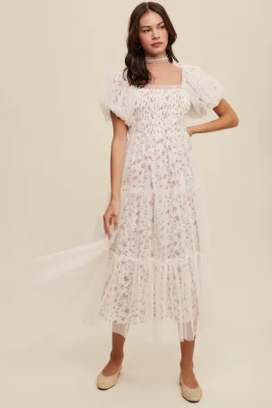 Floral Print   Mesh Puff Sleeve Maxi Dress
