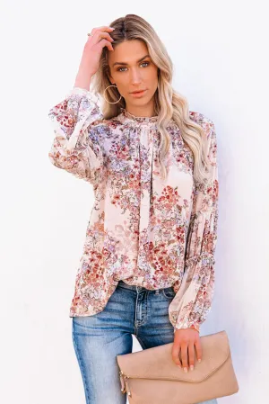 Floral Print Ruffled Neckline Puff Sleeve Blouse