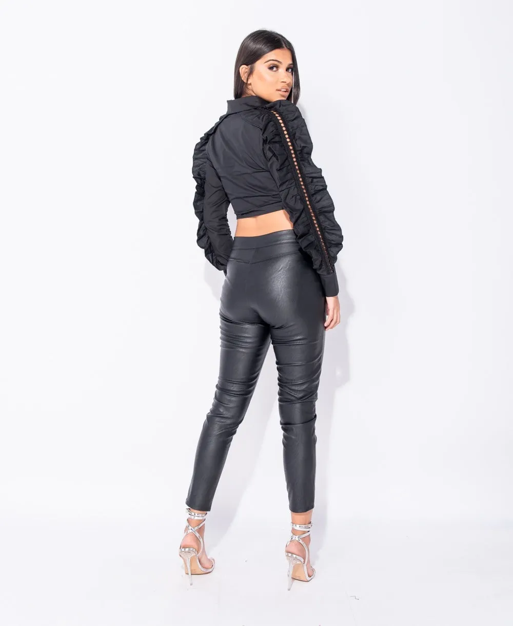Frill Detail Long Sleeve Tie Front Crop Shirt