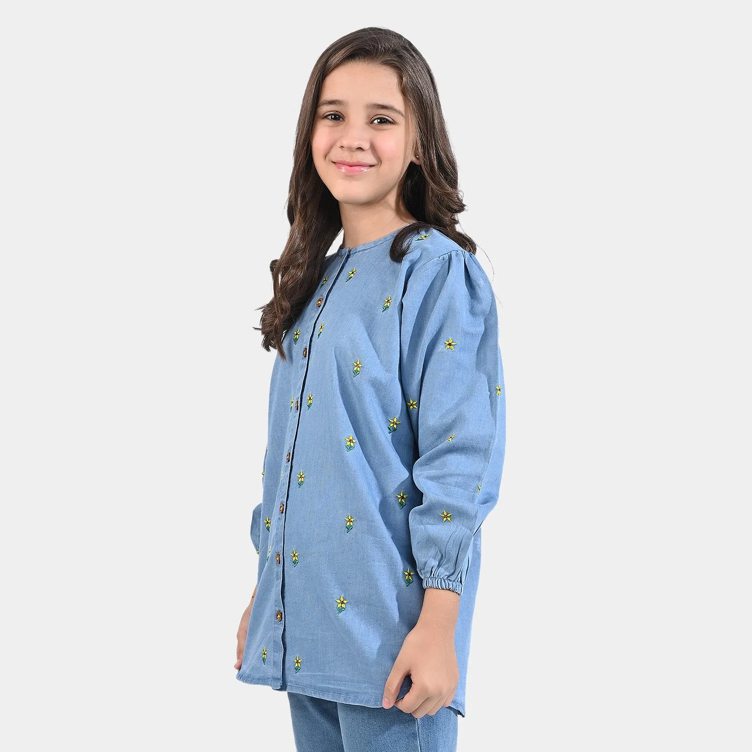 Girls Tensile Denim (Light Denim) Top Denim EMB Sunflower-LIGHT BLUE