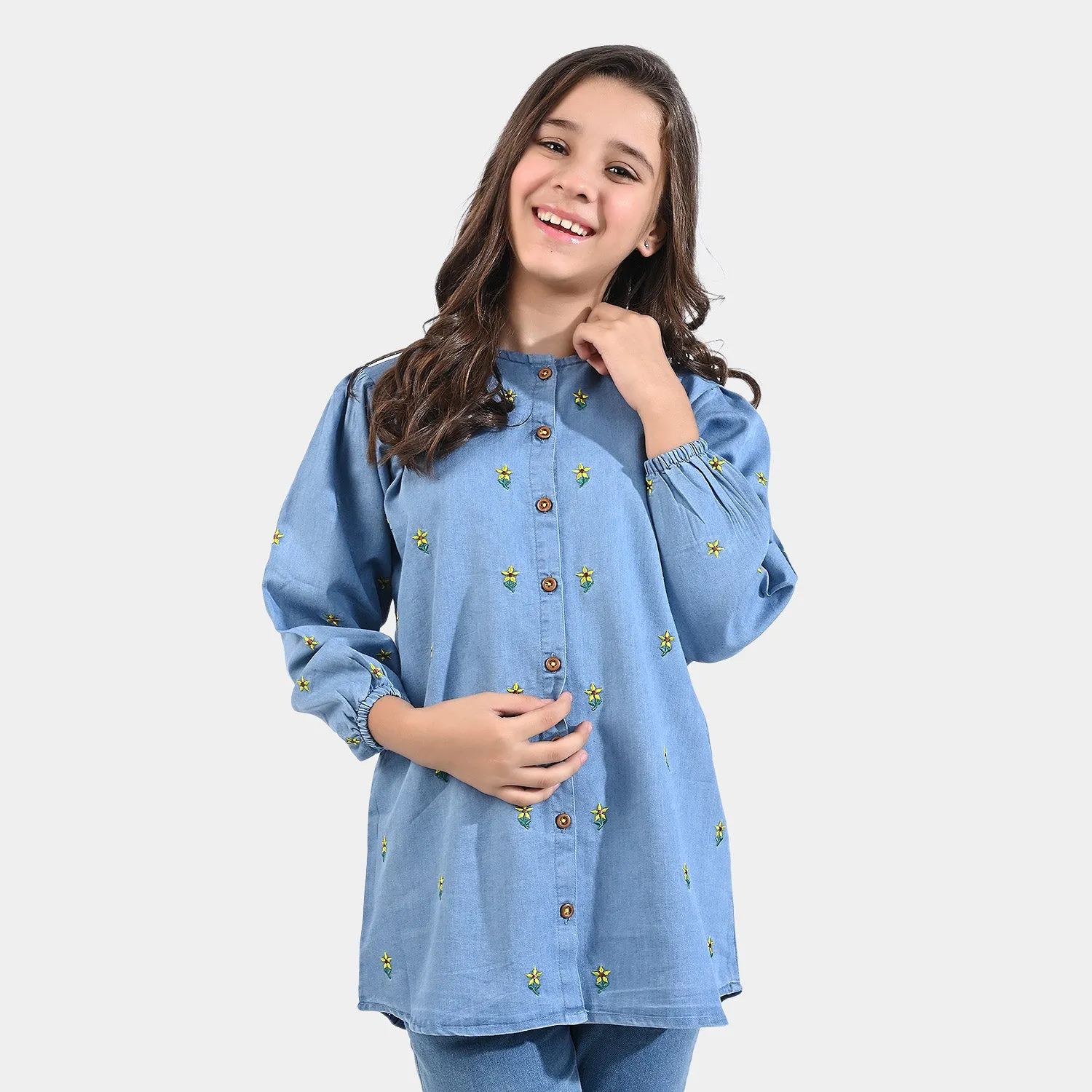 Girls Tensile Denim (Light Denim) Top Denim EMB Sunflower-LIGHT BLUE