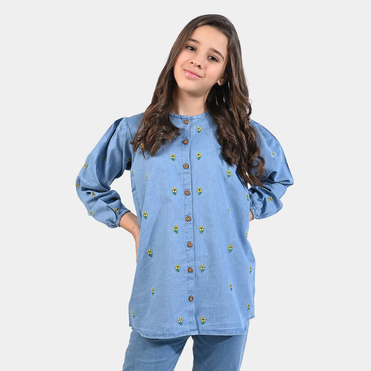 Girls Tensile Denim (Light Denim) Top Denim EMB Sunflower-LIGHT BLUE