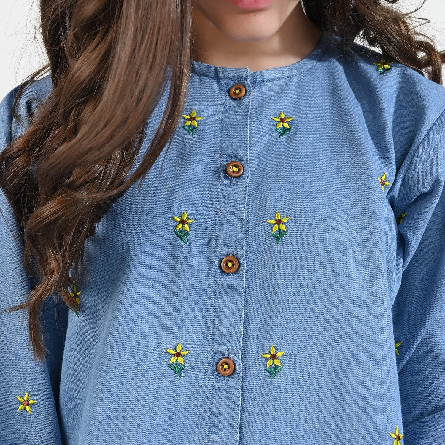 Girls Tensile Denim (Light Denim) Top Denim EMB Sunflower-LIGHT BLUE