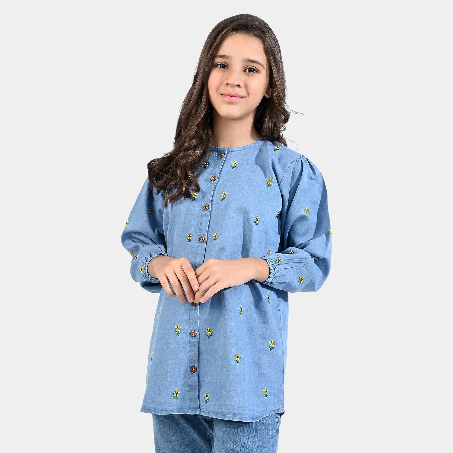 Girls Tensile Denim (Light Denim) Top Denim EMB Sunflower-LIGHT BLUE