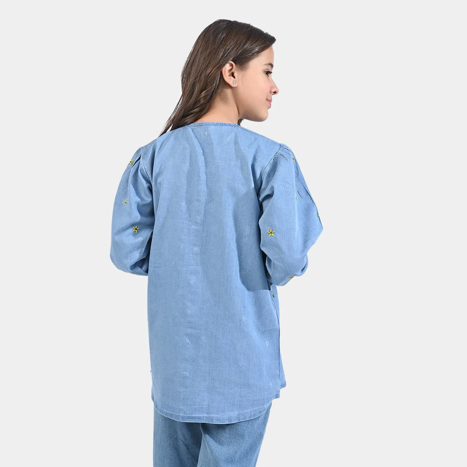 Girls Tensile Denim (Light Denim) Top Denim EMB Sunflower-LIGHT BLUE