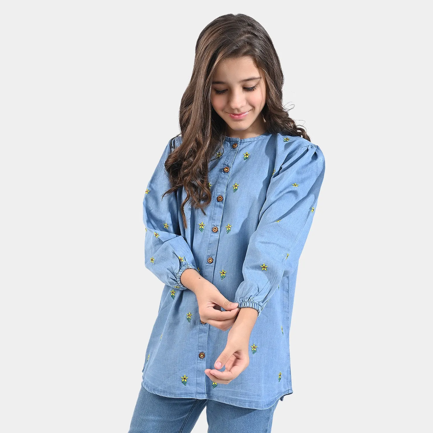 Girls Tensile Denim (Light Denim) Top Denim EMB Sunflower-LIGHT BLUE