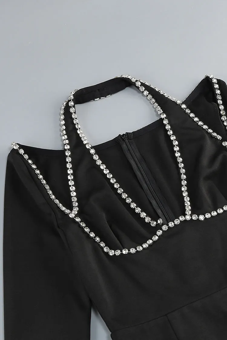 Glamorous Rhinestone Halter Cold Shoulder Long Sleeve Formal Maxi Dress