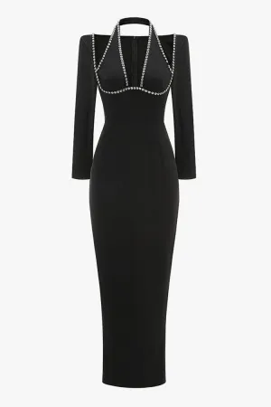 Glamorous Rhinestone Halter Cold Shoulder Long Sleeve Formal Maxi Dress
