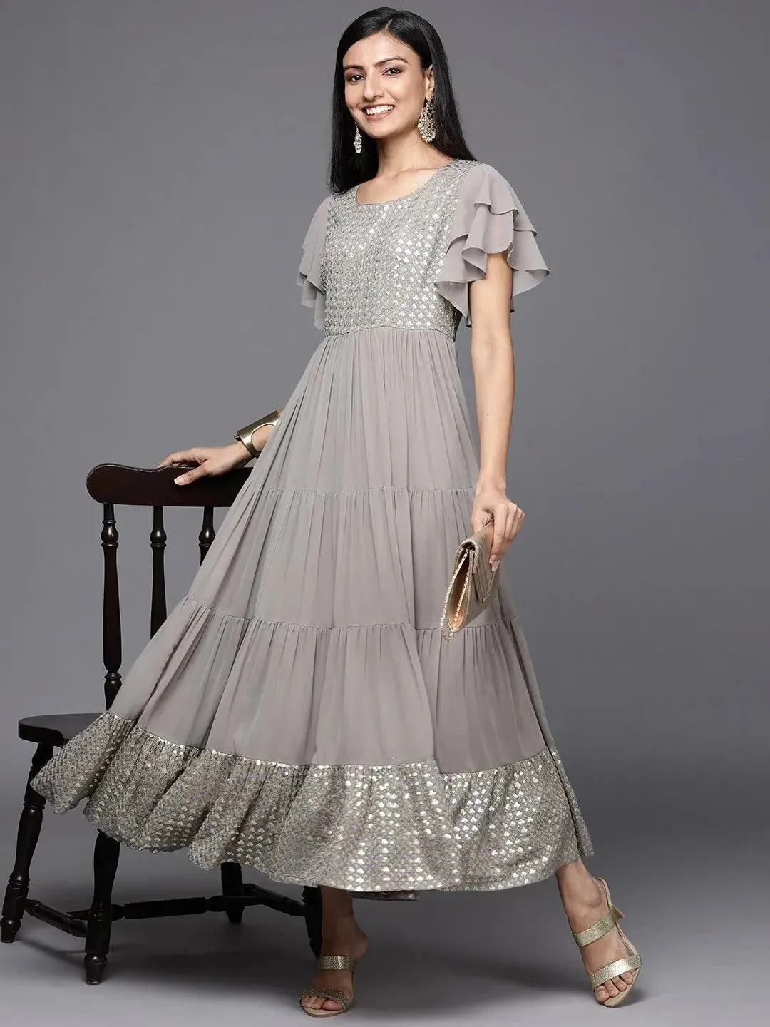 Grey Embellished Georgette Fit and Flare Dress