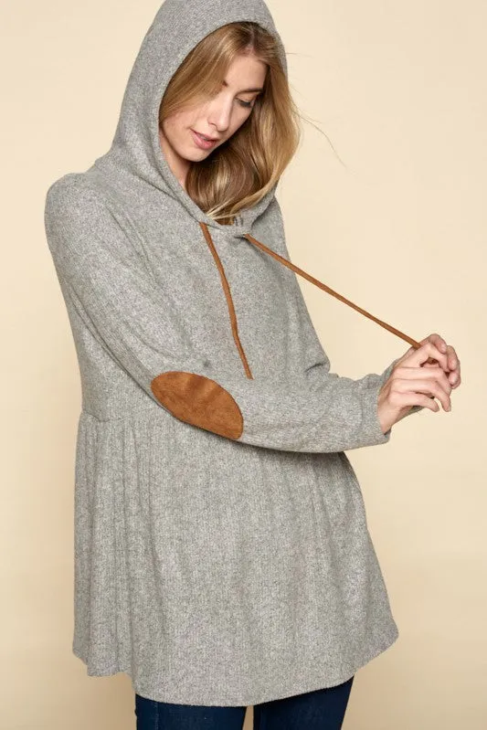 Grey Ribbed Hoodie w/Elbow Patches