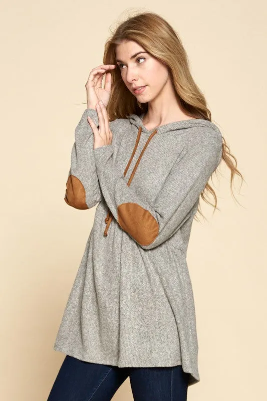 Grey Ribbed Hoodie w/Elbow Patches