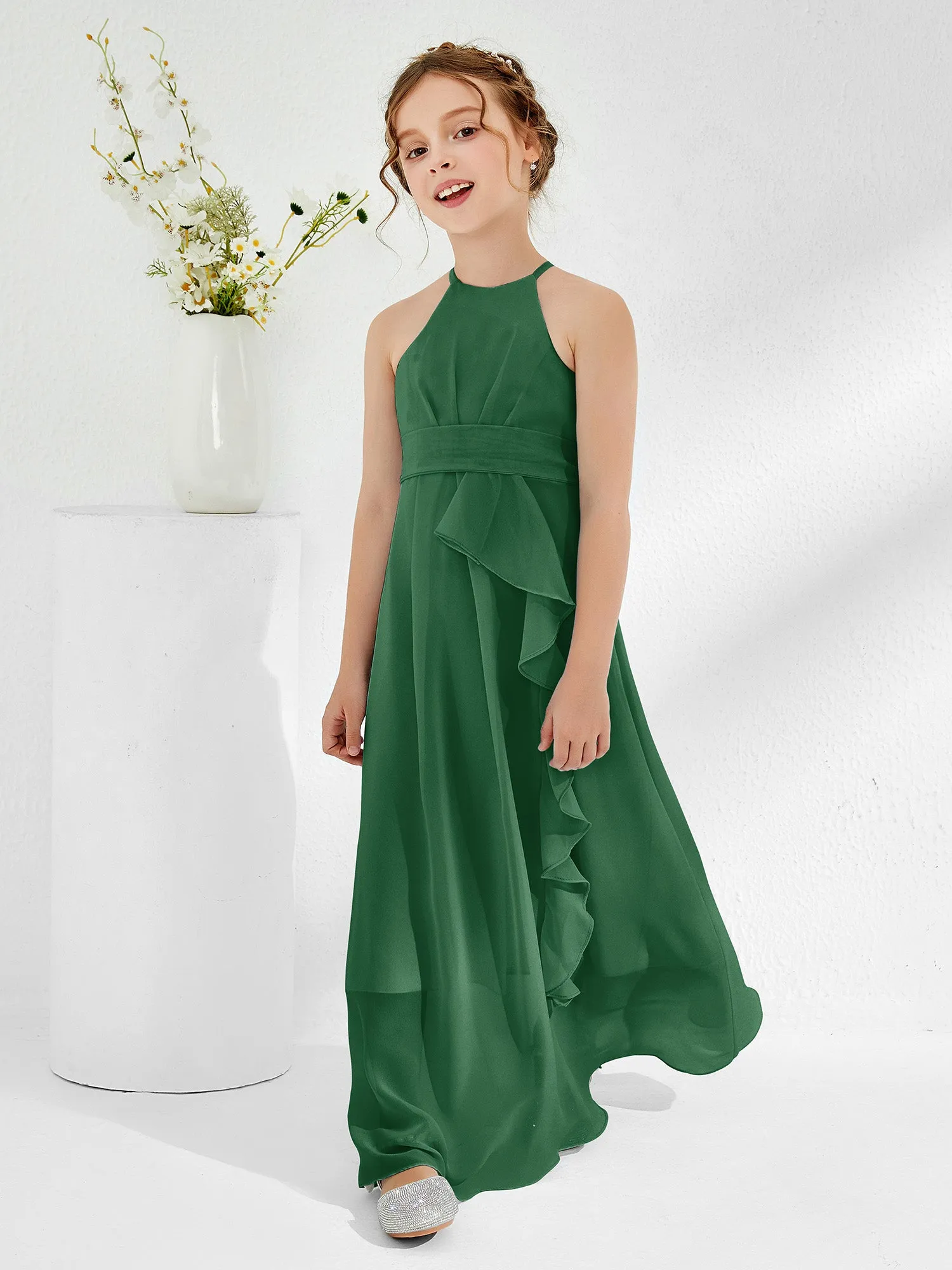 Halter Neckline Junior Bridesmaid Dresses with Sash Dark Green