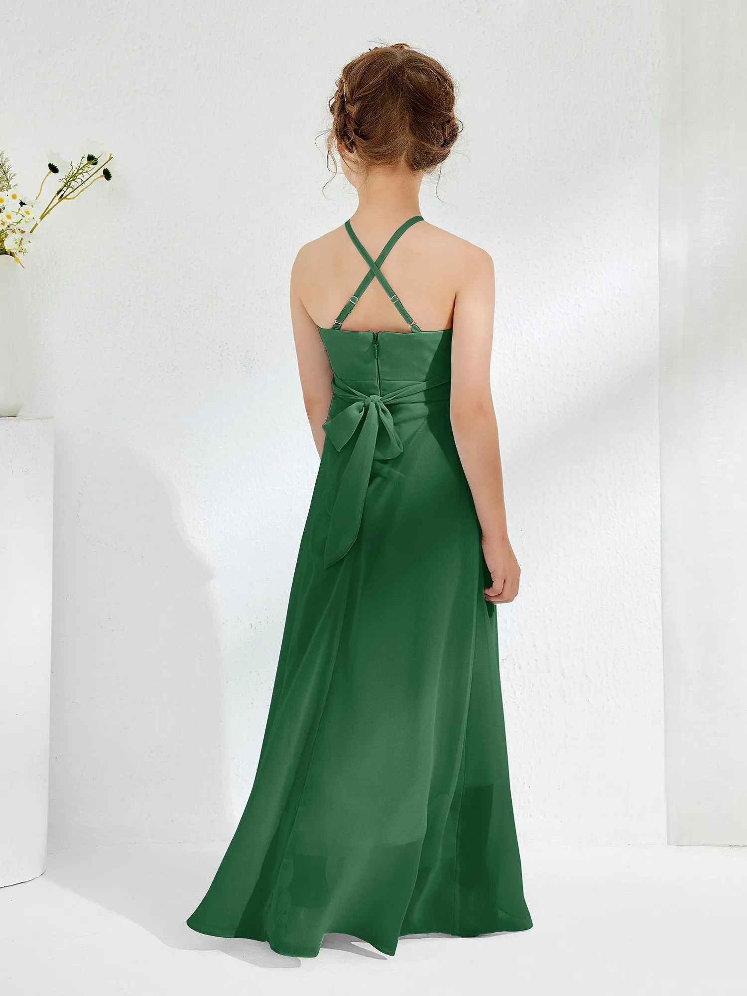 Halter Neckline Junior Bridesmaid Dresses with Sash Dark Green