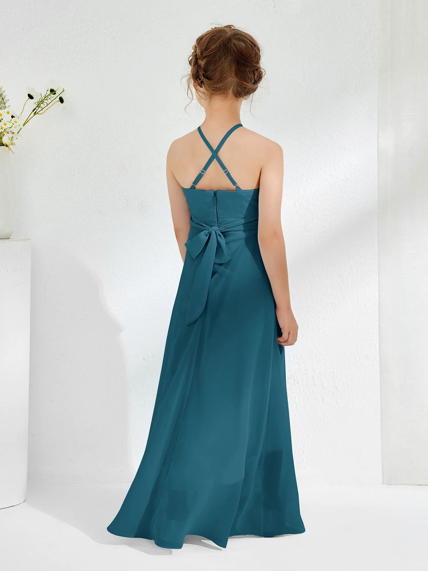 Halter Neckline Junior Bridesmaid Dresses with Sash Ink Blue