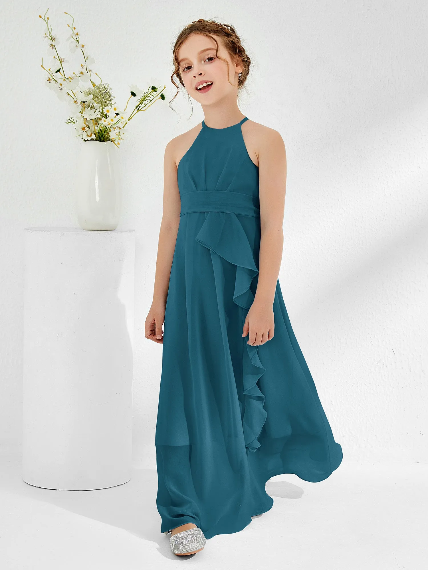 Halter Neckline Junior Bridesmaid Dresses with Sash Ink Blue