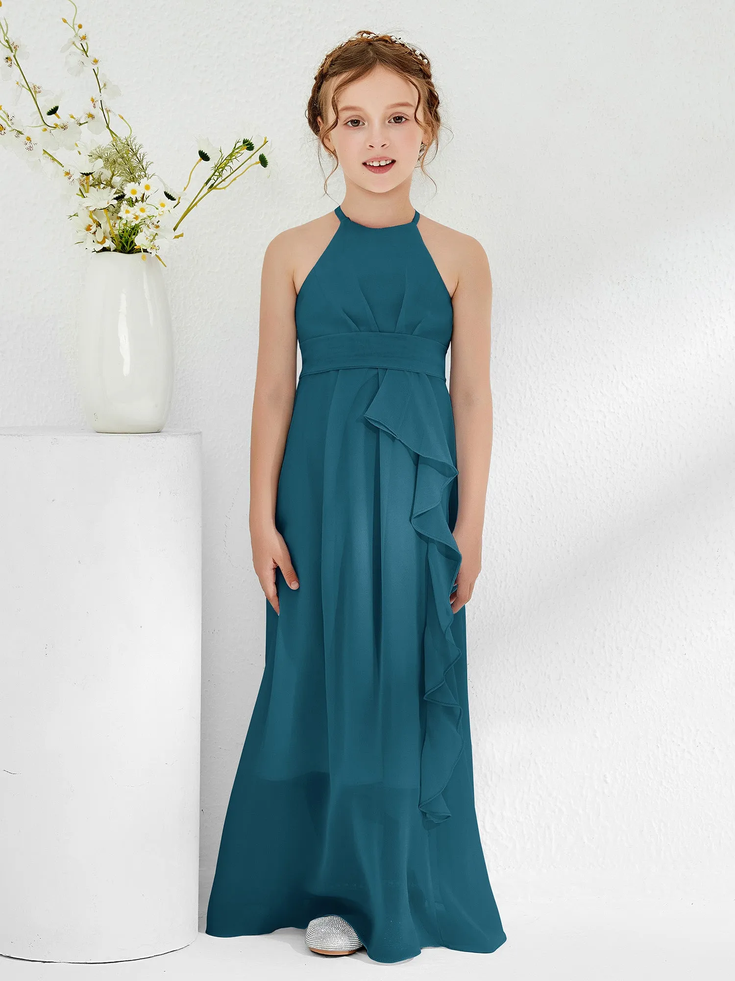 Halter Neckline Junior Bridesmaid Dresses with Sash Ink Blue