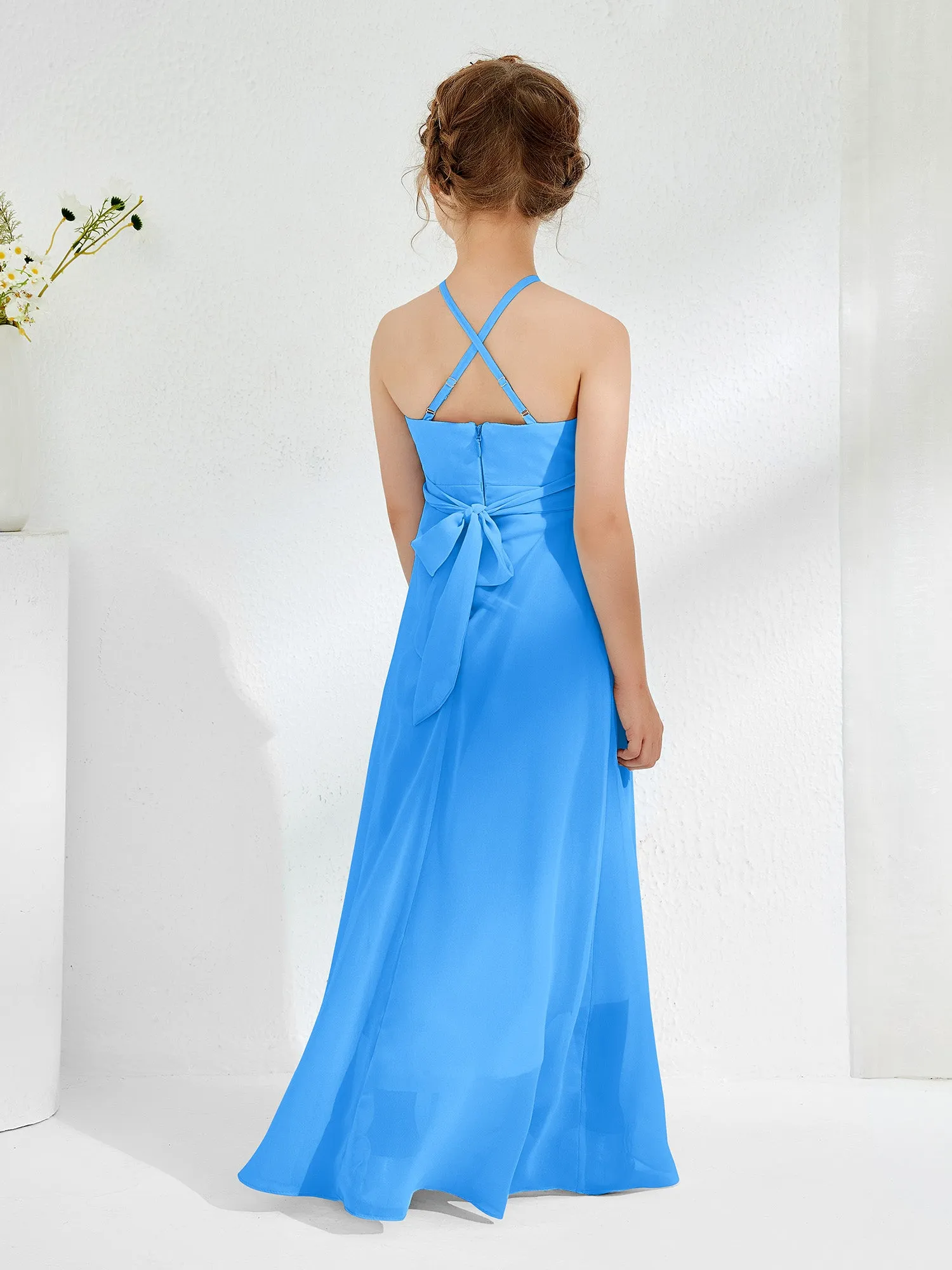 Halter Neckline Junior Bridesmaid Dresses with Sash Ocean Blue