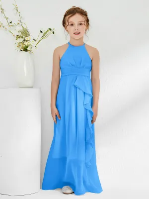 Halter Neckline Junior Bridesmaid Dresses with Sash Ocean Blue