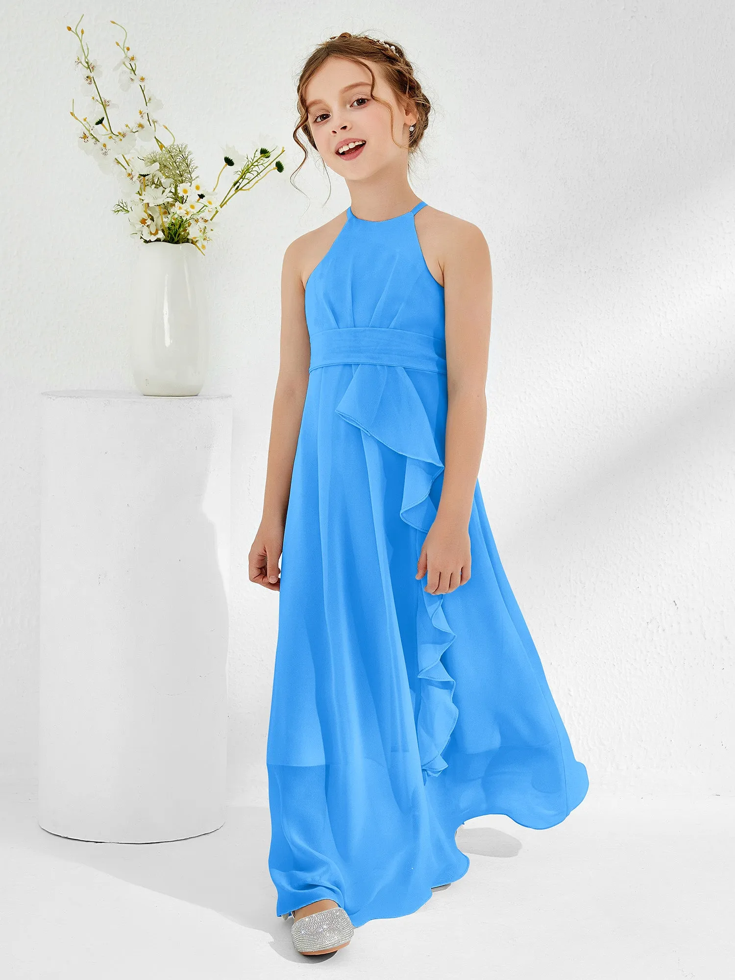 Halter Neckline Junior Bridesmaid Dresses with Sash Ocean Blue