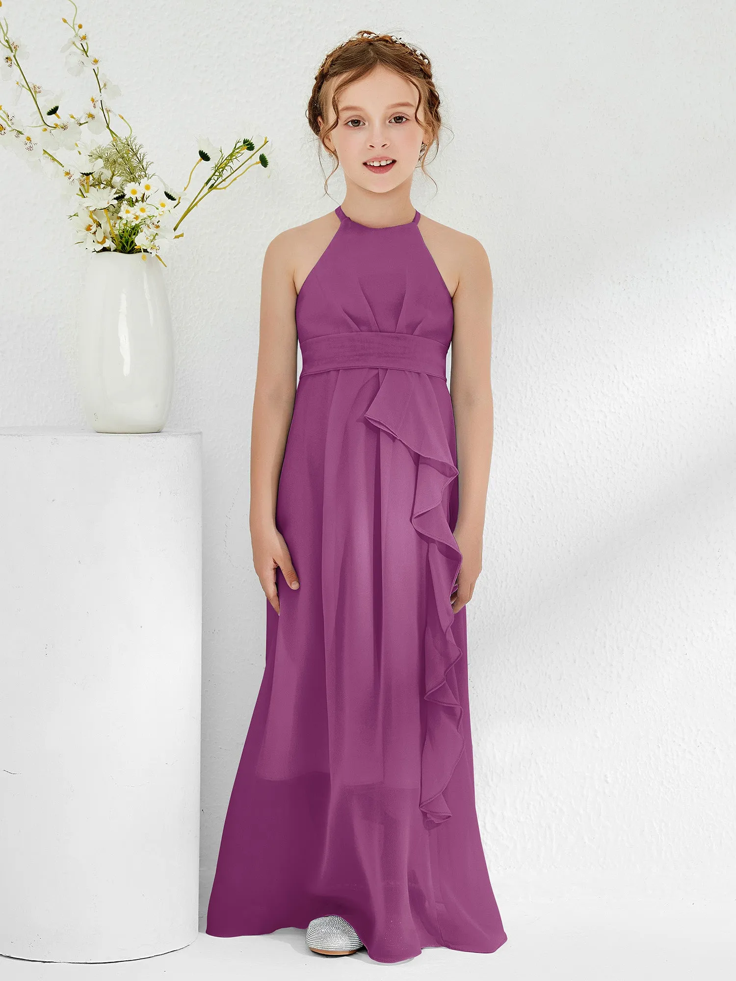 Halter Neckline Junior Bridesmaid Dresses with Sash Orchid