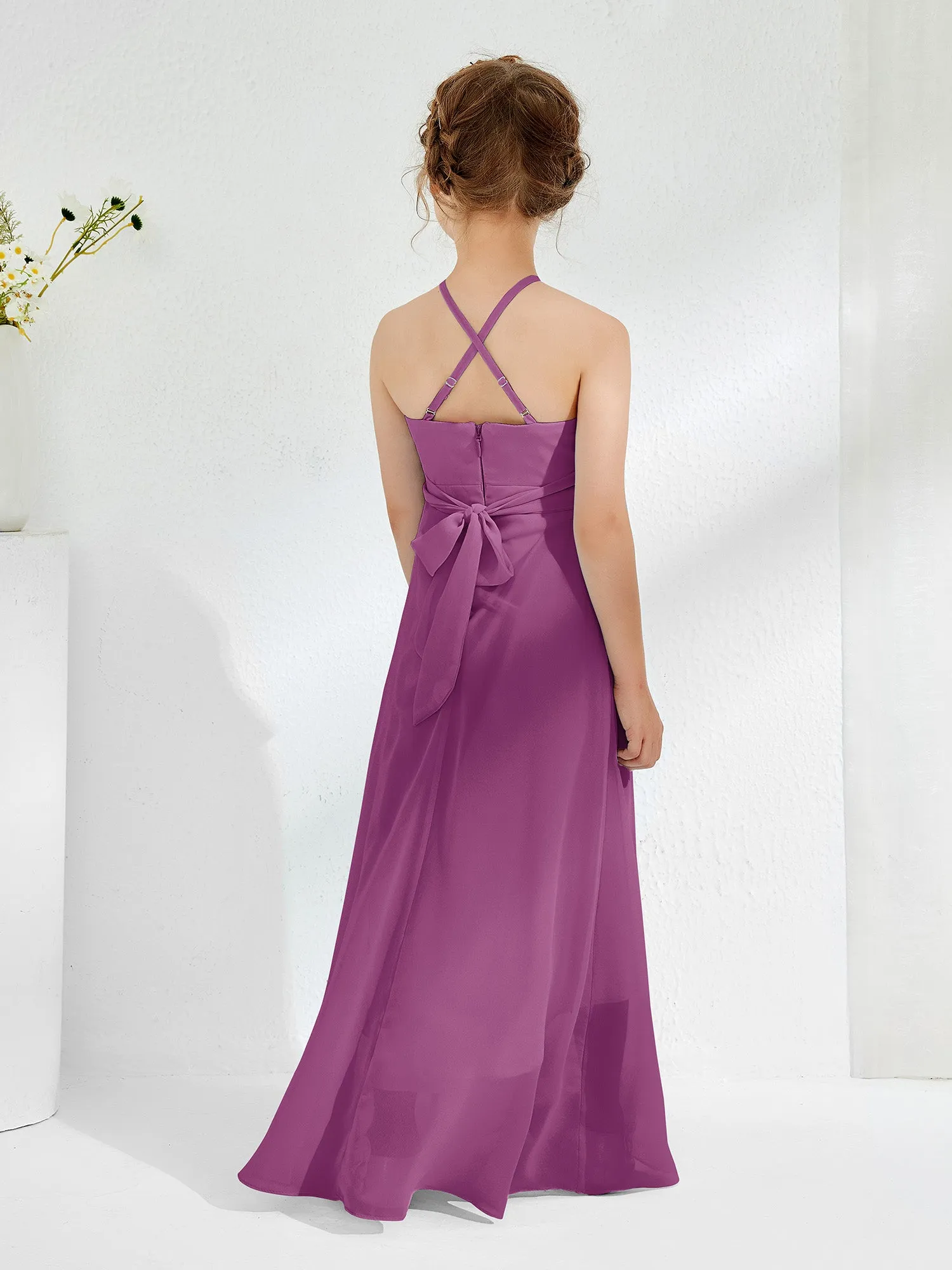 Halter Neckline Junior Bridesmaid Dresses with Sash Orchid